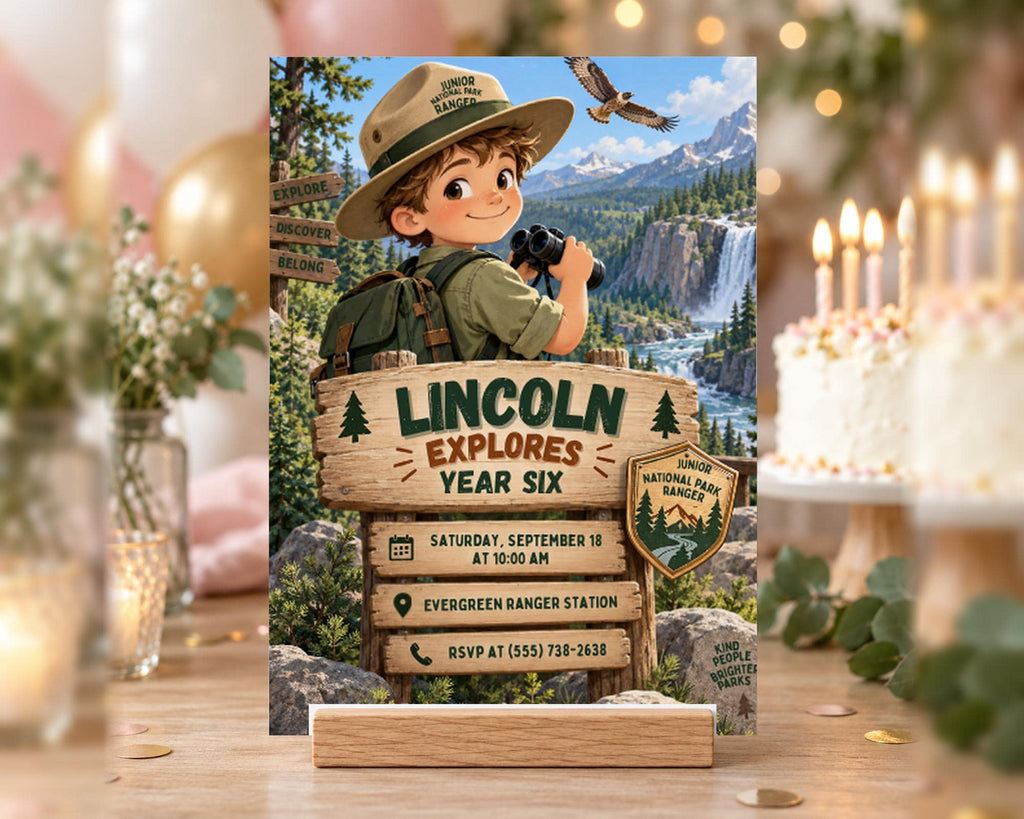 The image is a birthday invitation for a child to explore the wilderness as a Junior Ranger, featuring a cartoon character holding a camera and surrounded by nature.