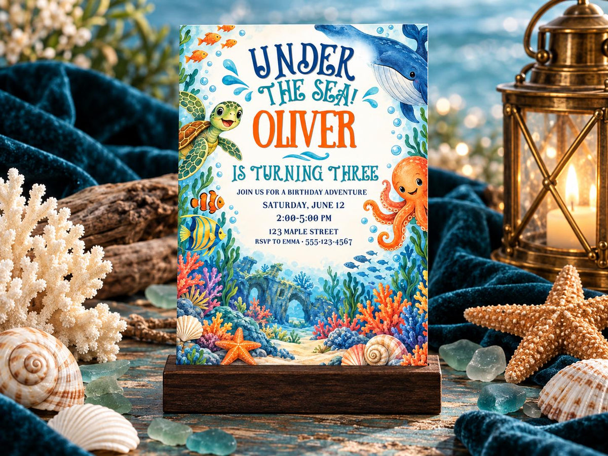 The image is a birthday invitation for a child named Oliver, featuring illustrations of sea creatures and an underwater scene.