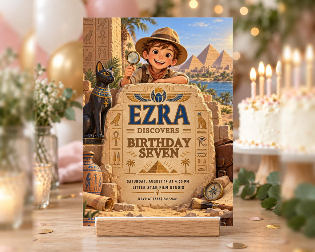 The image is a birthday party invitation featuring a young boy dressed as an explorer, surrounded by Egyptian-themed decorations and a cake.