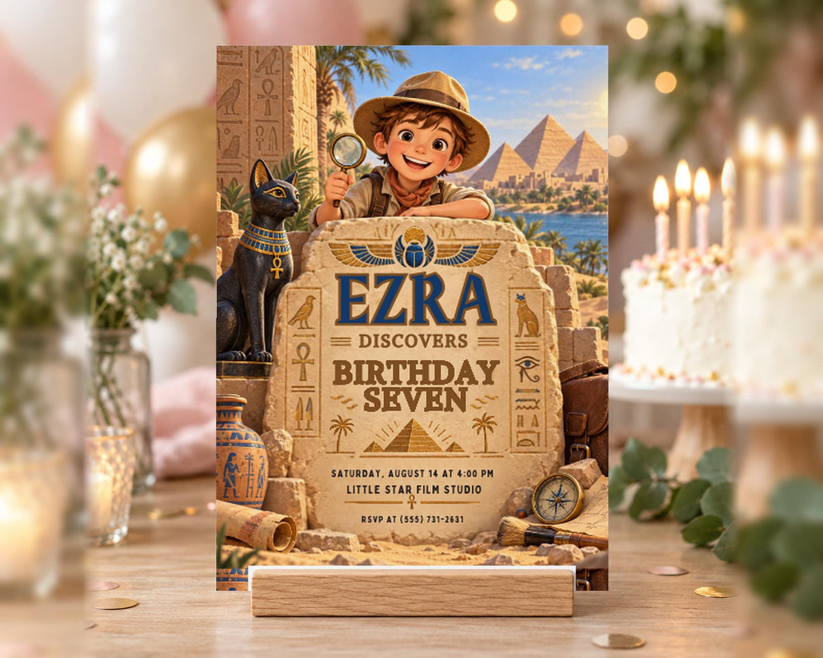 The image is a birthday party invitation featuring a young boy dressed as an explorer, surrounded by Egyptian-themed decorations and a cake.