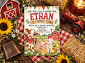 The image is a birthday invitation for a farm-themed party for a child named Ethan. The invitation features illustrations of farm animals such as cows, sheep, and chickens, along with a barn and hay bales. The invitation also includes details about the party, including the date, time, and location.