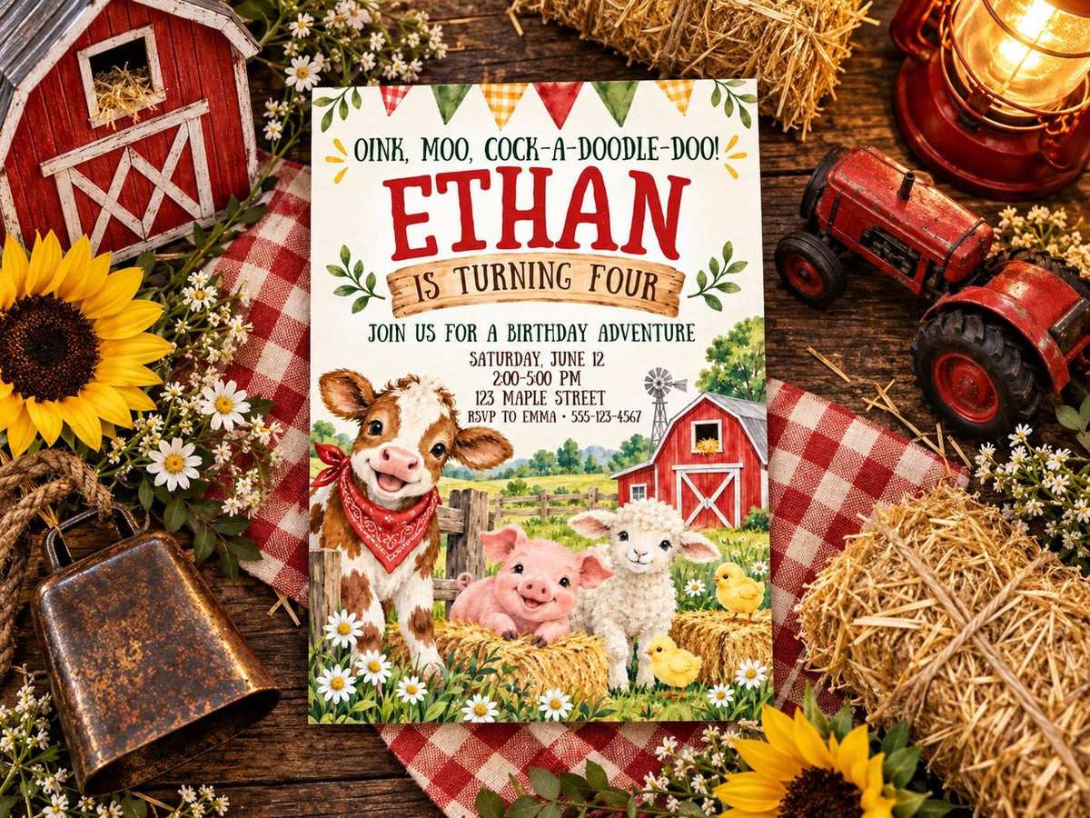 The image is a birthday invitation for a farm-themed party for a child named Ethan. The invitation features illustrations of farm animals such as cows, sheep, and chickens, along with a barn and hay bales. The invitation also includes details about the party, including the date, time, and location.