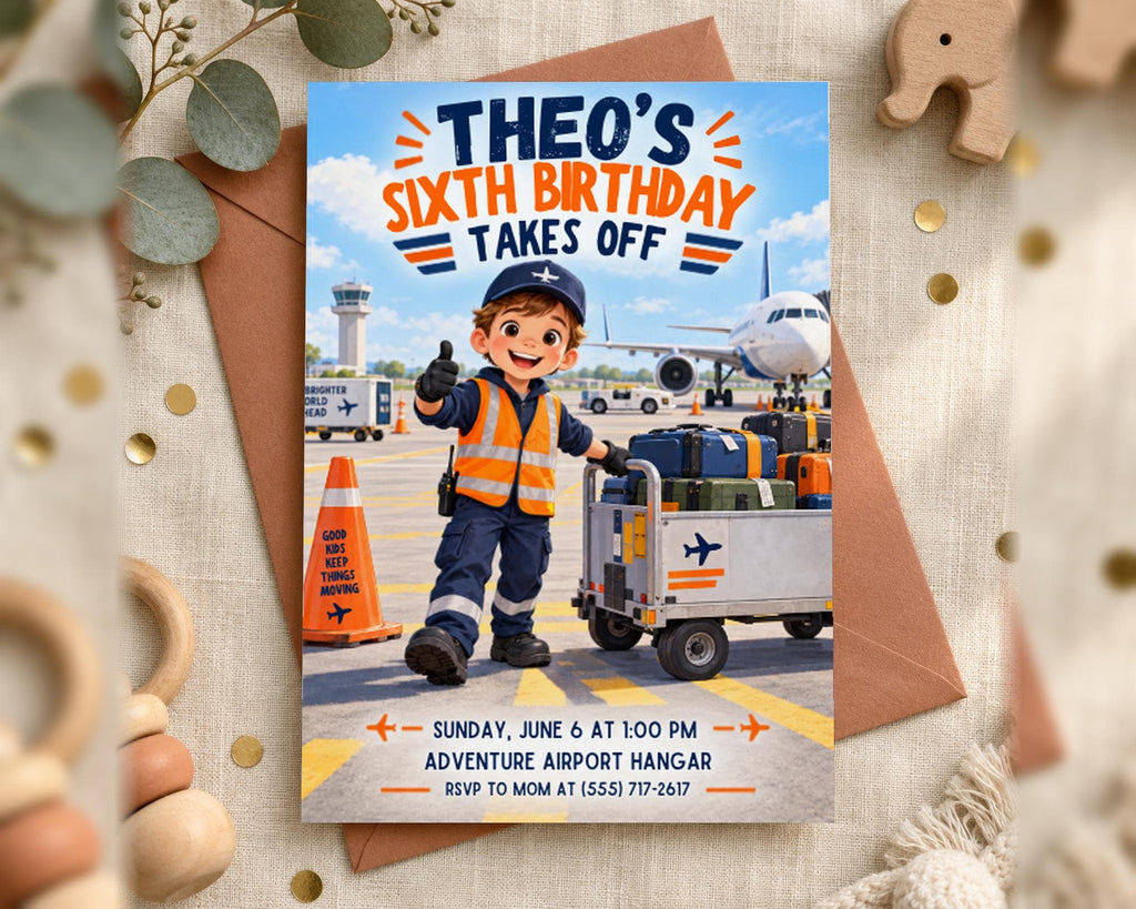 The image is a birthday invitation for a boy named Theo, celebrating his sixth birthday. The invitation features a cartoon character, likely a young boy, standing on an airport tarmac with luggage, and the text "THEO'S SIXTH BIRTHDAY TAKES OFF" prominently displayed.