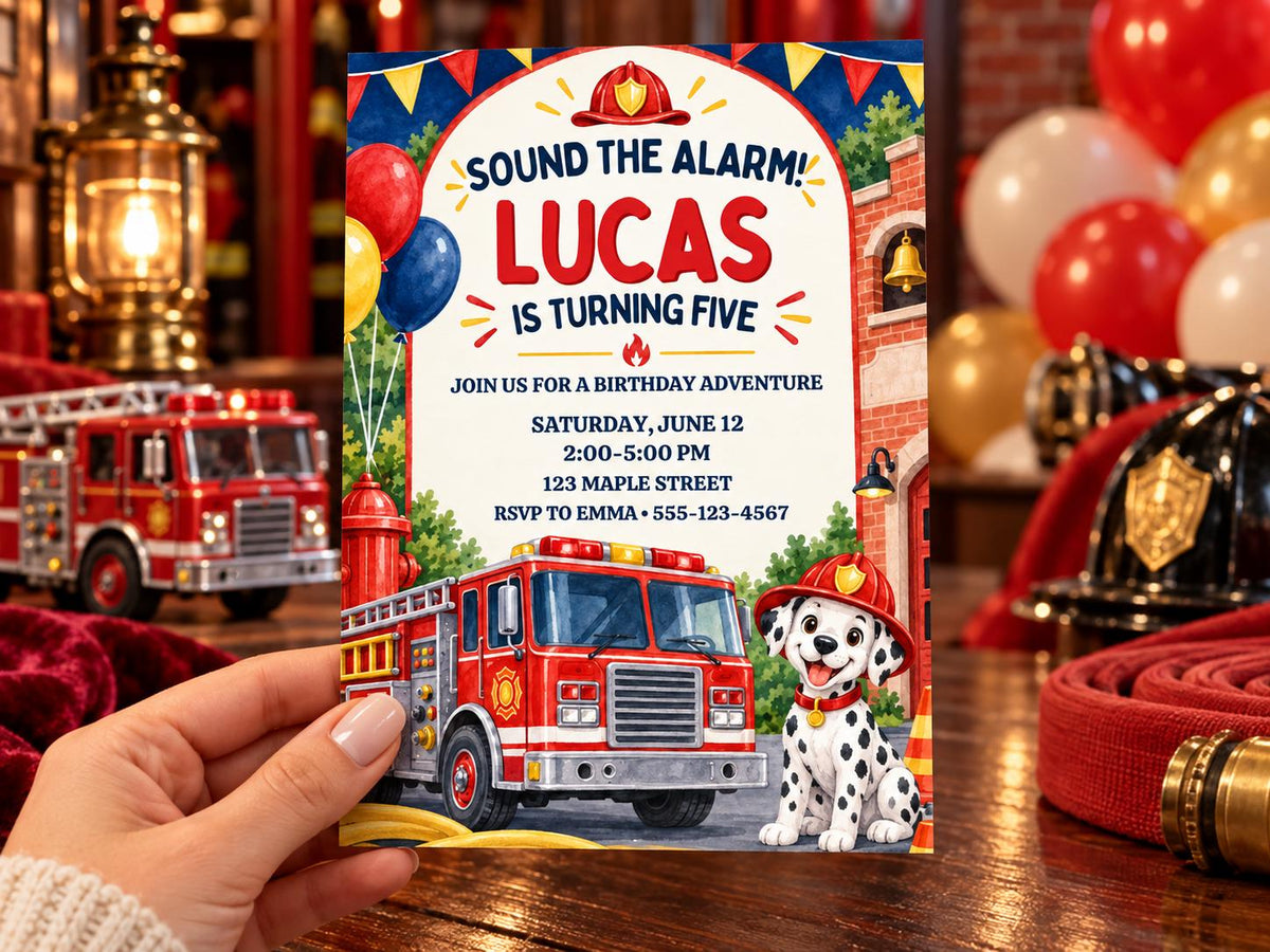 A birthday party invitation for Lucas, who is turning five, featuring a fire truck and a Dalmatian dog as the main elements.