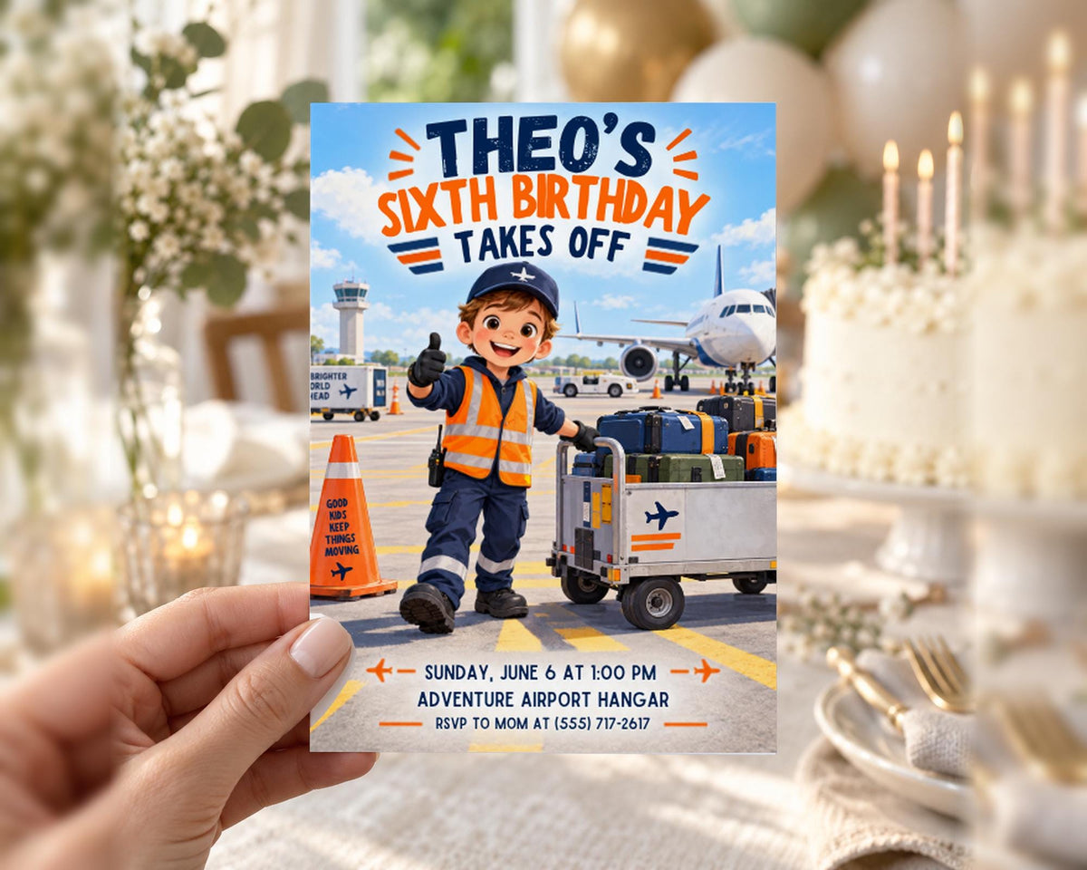 The image is a birthday invitation for a sixth birthday celebration. It features a cartoon character, likely a boy, standing on an airport tarmac surrounded by luggage and a plane. The text on the invitation indicates that the event is taking place on Sunday, June 6th at 1:00 PM, at the Adventure Airport Hangar. The invitation also includes an RSVP request to the person's mother at (sss) 755-2617.