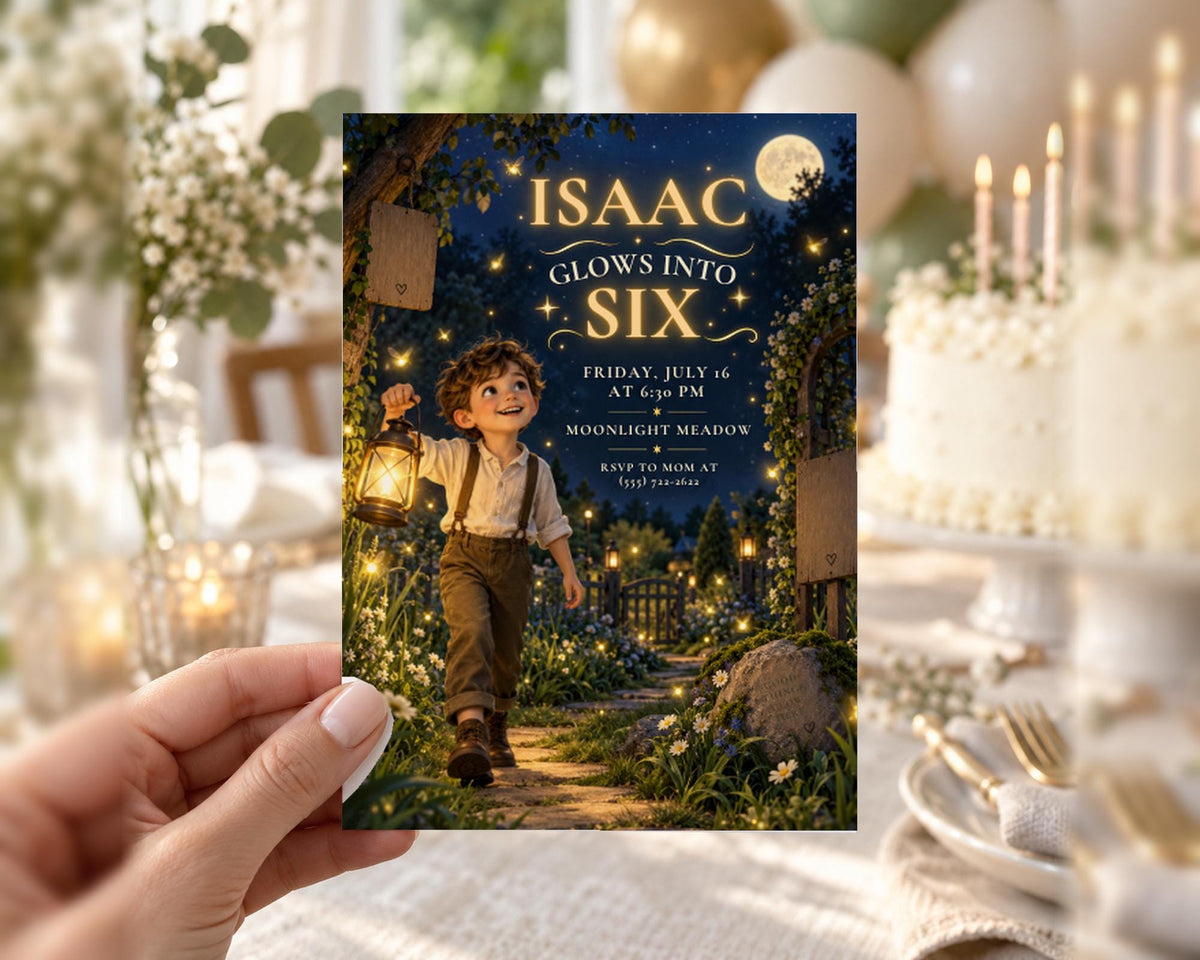 A hand holding a birthday invitation card with a young boy walking through a forest at night, surrounded by flowers and candles.