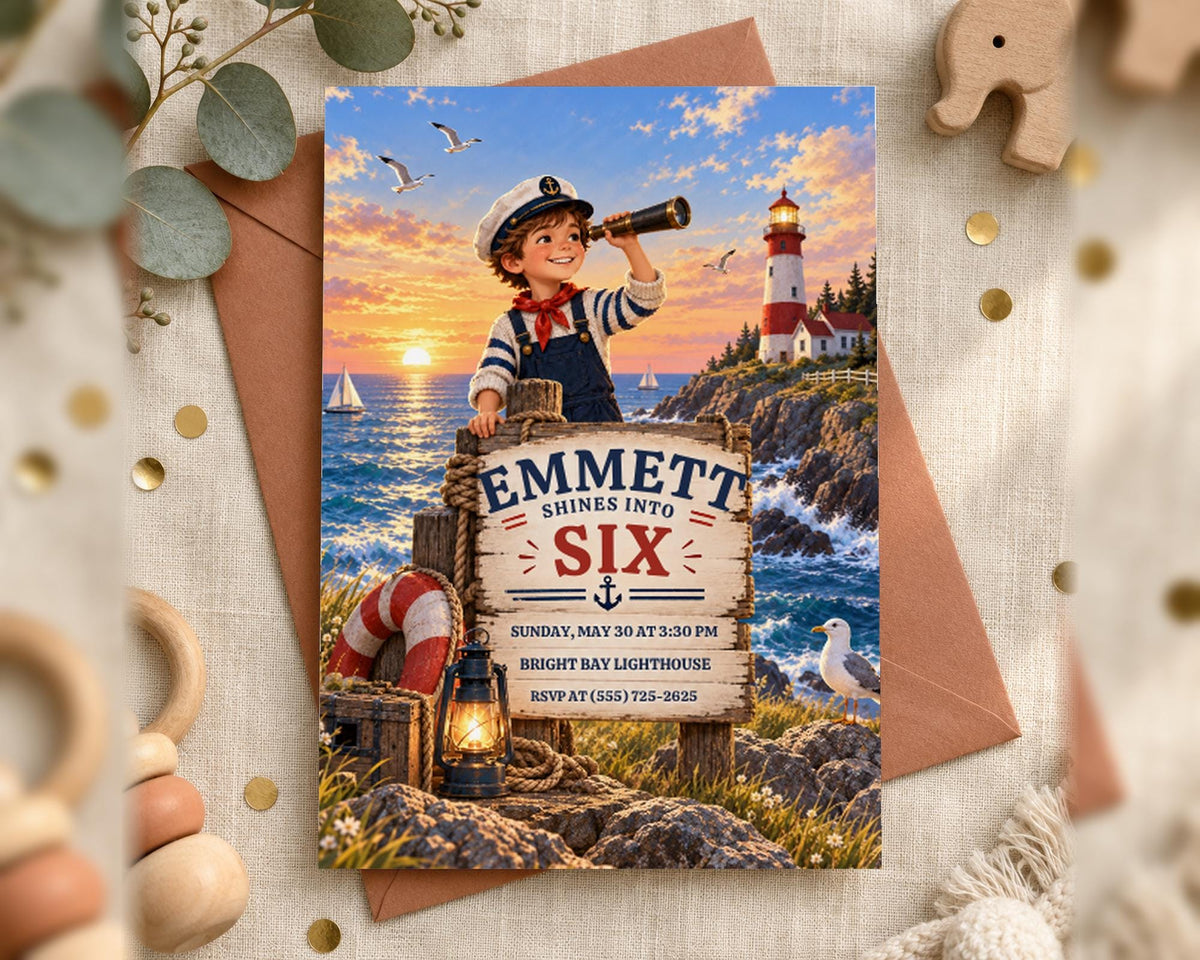The image is a birthday invitation featuring a young boy looking through a telescope at a lighthouse, with a sign that reads "Emmett shines into Six".