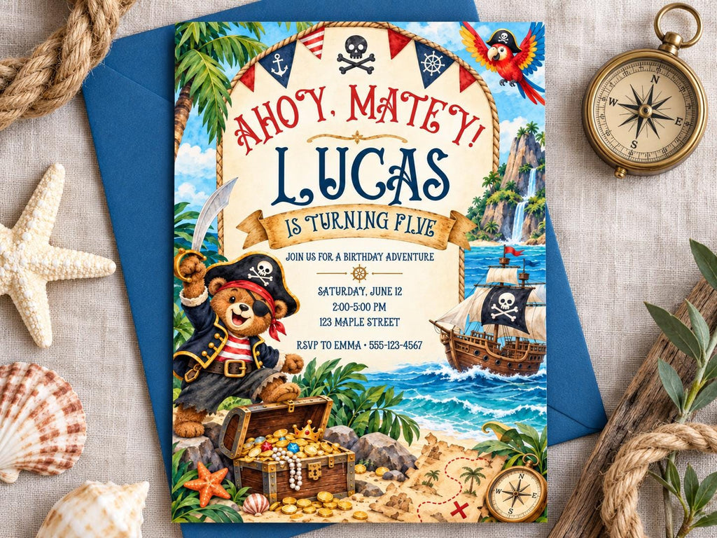 A birthday party invitation for a boy named Lucas, featuring a pirate theme with a teddy bear, pirate ship, and treasure chest.