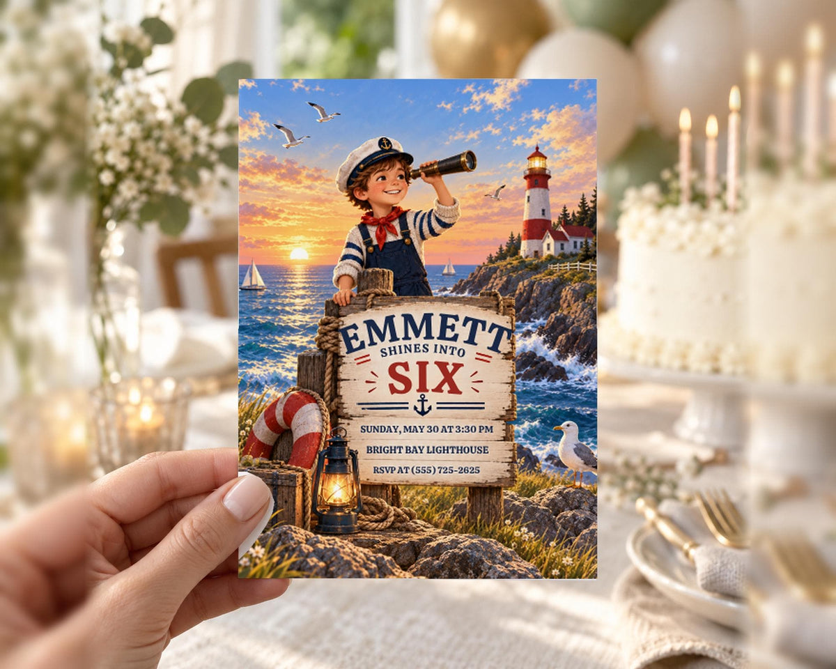A hand holding a birthday invitation card with a nautical theme, featuring a young boy looking through a telescope at a lighthouse and a sign that says "Emmett Six".
