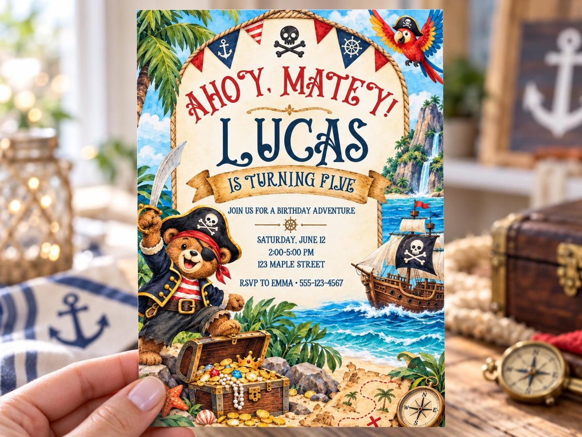 A hand holding a birthday party invitation featuring a pirate theme, with a teddy bear dressed as a pirate and a pirate ship in the background.