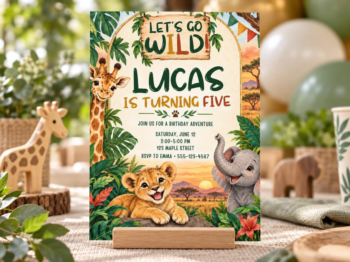 The image is a birthday invitation for a child named Lucas, who is turning five years old. The invitation features illustrations of a giraffe, lion, and elephant, along with the text "Let's go wild Lucas is turning five".