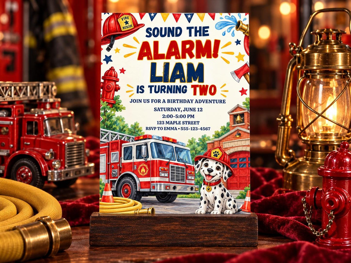 The image is a birthday invitation for a child named Liam, who is turning two years old. The invitation features illustrations of a fire truck and a Dalmatian dog, along with the text "Sound the alarm! Liam is turning two".