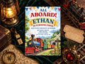 The image is a birthday invitation for a train-themed party, featuring a colorful illustration of a train on a track surrounded by trees and mountains.