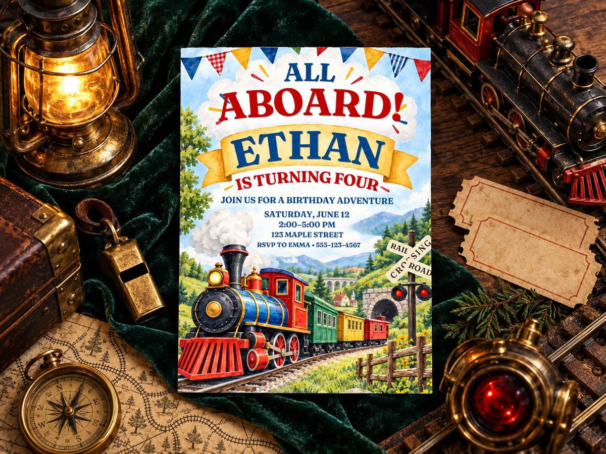 The image is a birthday invitation for a train-themed party, featuring a colorful illustration of a train on a track surrounded by trees and mountains.