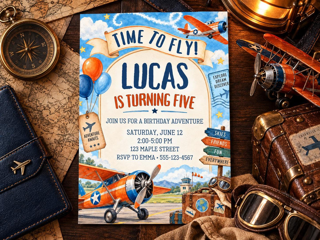 The image is a birthday invitation for a boy named Lucas, who is turning five years old. The invitation features an illustration of a vintage airplane and includes details about the birthday party, such as the date, time, location, and RSVP instructions.