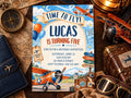 The image is a birthday invitation for a boy named Lucas, who is turning five years old. The invitation features an illustration of a vintage airplane and includes details about the birthday party, such as the date, time, location, and RSVP instructions.