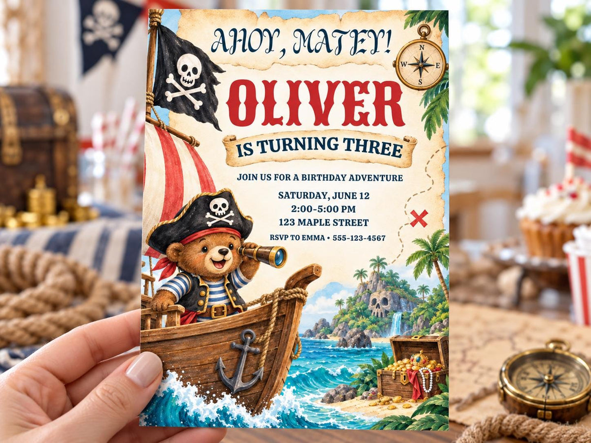The image is a birthday invitation for a boy named Oliver, who is turning three. The invitation features a pirate theme with a teddy bear dressed in pirate attire and a pirate ship. The invitation is held in a hand, and there is a compass and a cake visible in the background.