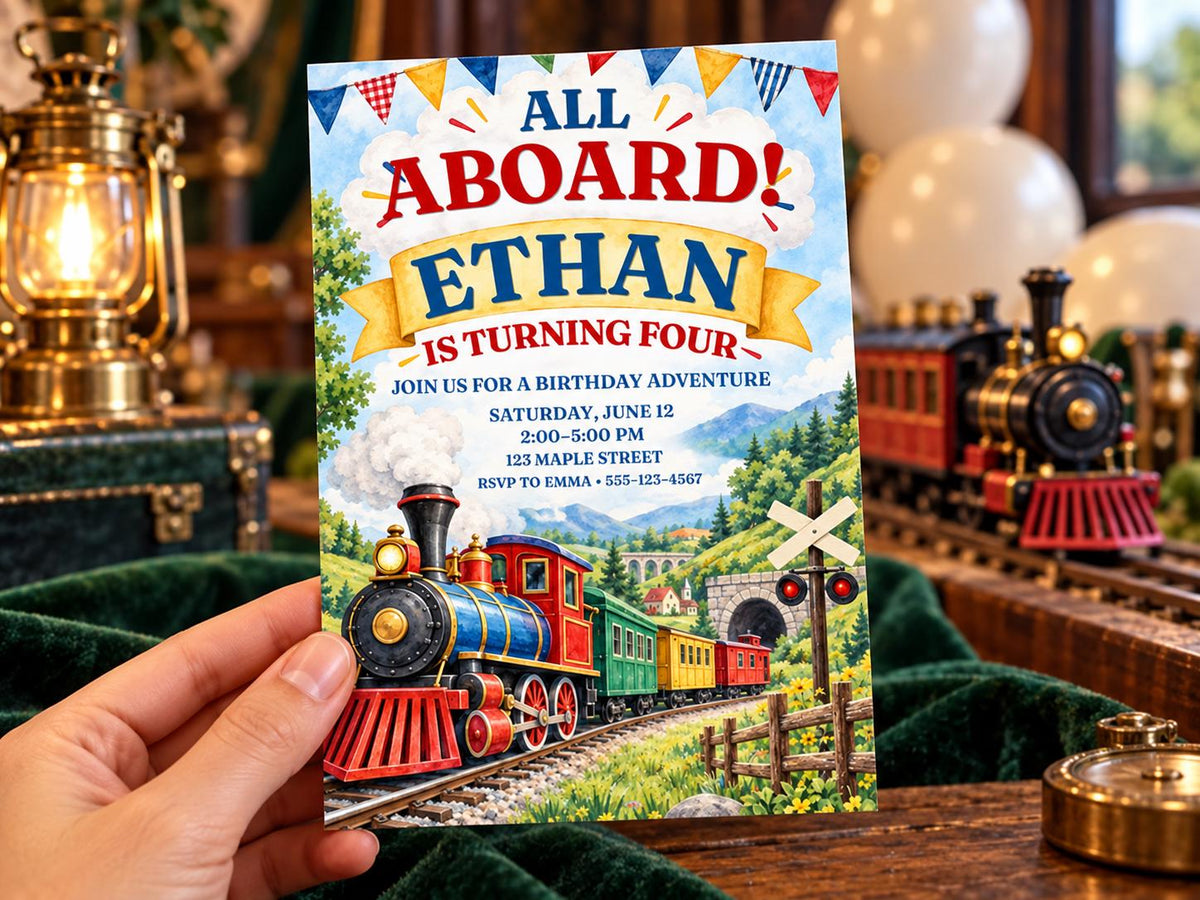 a birthday invitation for a train-themed party for a child named Ethan. The invitation includes a colorful illustration of a train and the text "All Aboard! Ethan is Turning Four" along with details about the party, such as the date, time, location, and RSVP information.