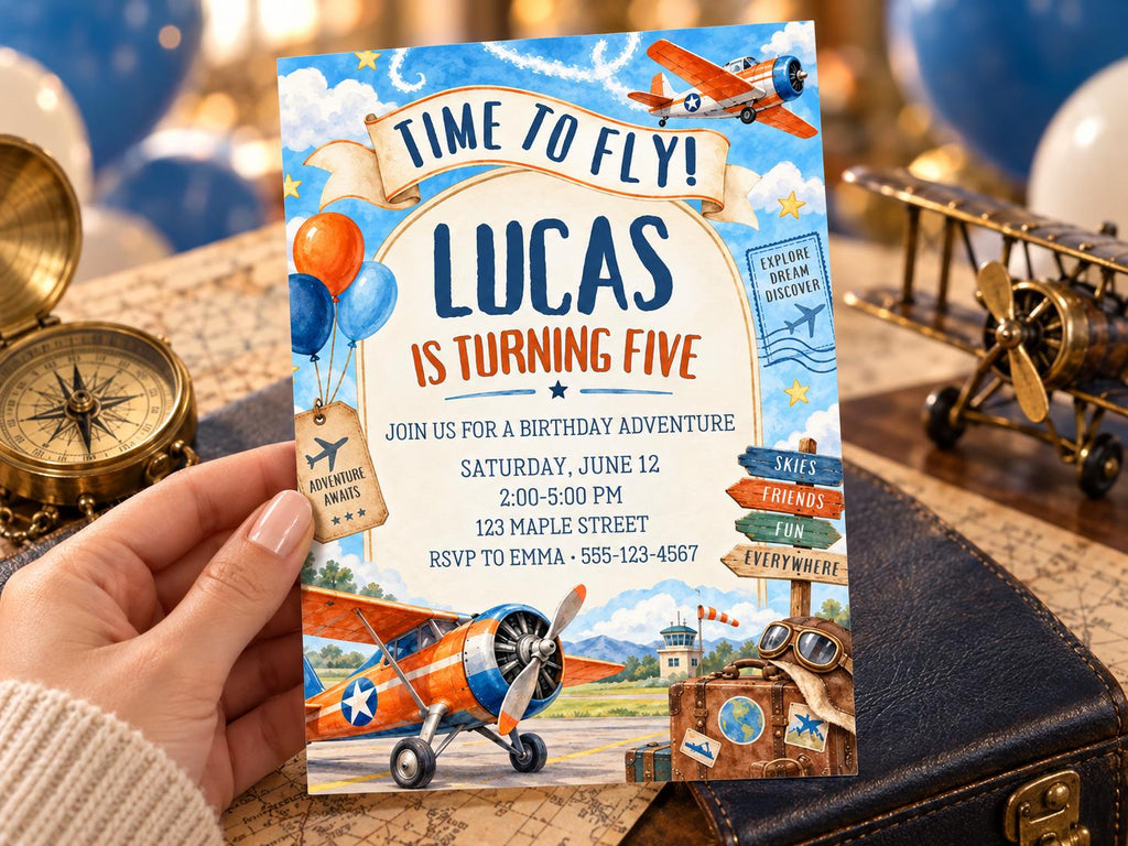 A birthday party invitation for a boy named Lucas, who is turning five, featuring an airplane theme.