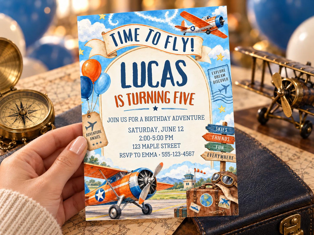 A birthday party invitation for a boy named Lucas, who is turning five, featuring an airplane theme.