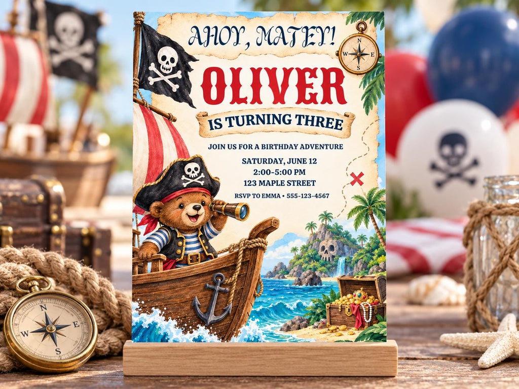 The image is a birthday party invitation featuring a pirate theme, with a teddy bear dressed in pirate attire and a pirate ship on the background.