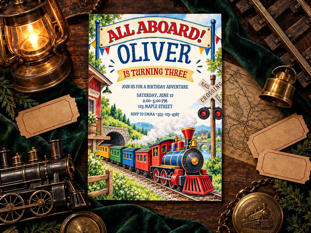 The image is a birthday invitation for a boy named Oliver, featuring a train and a lantern, with the text "All Aboard! Oliver is Turning Three" prominently displayed.