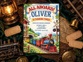 The image is a birthday invitation for a boy named Oliver, featuring a train and a lantern, with the text "All Aboard! Oliver is Turning Three" prominently displayed.