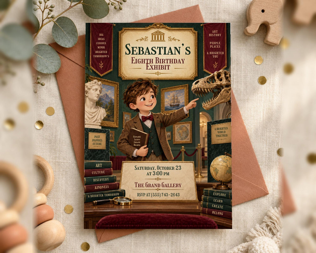 The image is a birthday invitation for a boy named Sebastian, featuring a dinosaur, books, and other decorative elements.