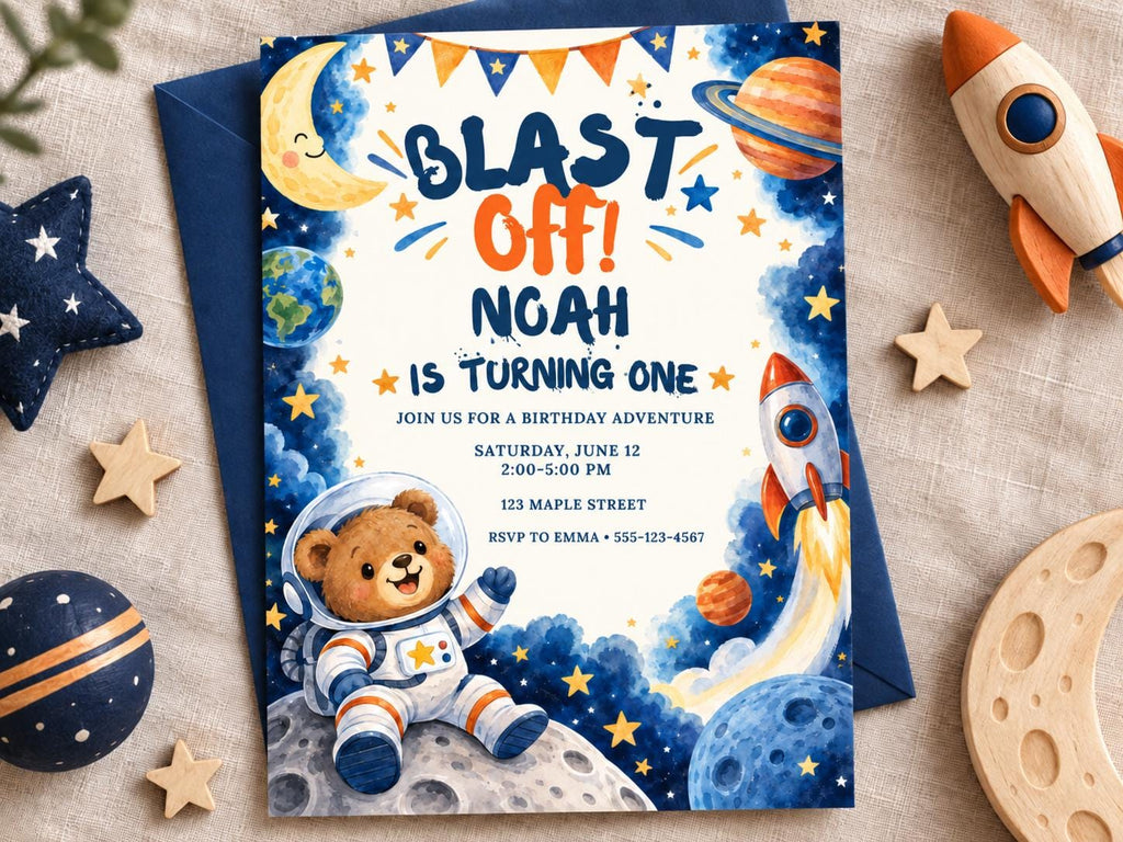 The image is a birthday invitation for a boy named Noah, featuring a space theme with a teddy bear astronaut, a rocket ship, and stars.