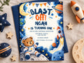 The image is a birthday invitation for a boy named Noah, featuring a space theme with a teddy bear astronaut, a rocket ship, and stars.