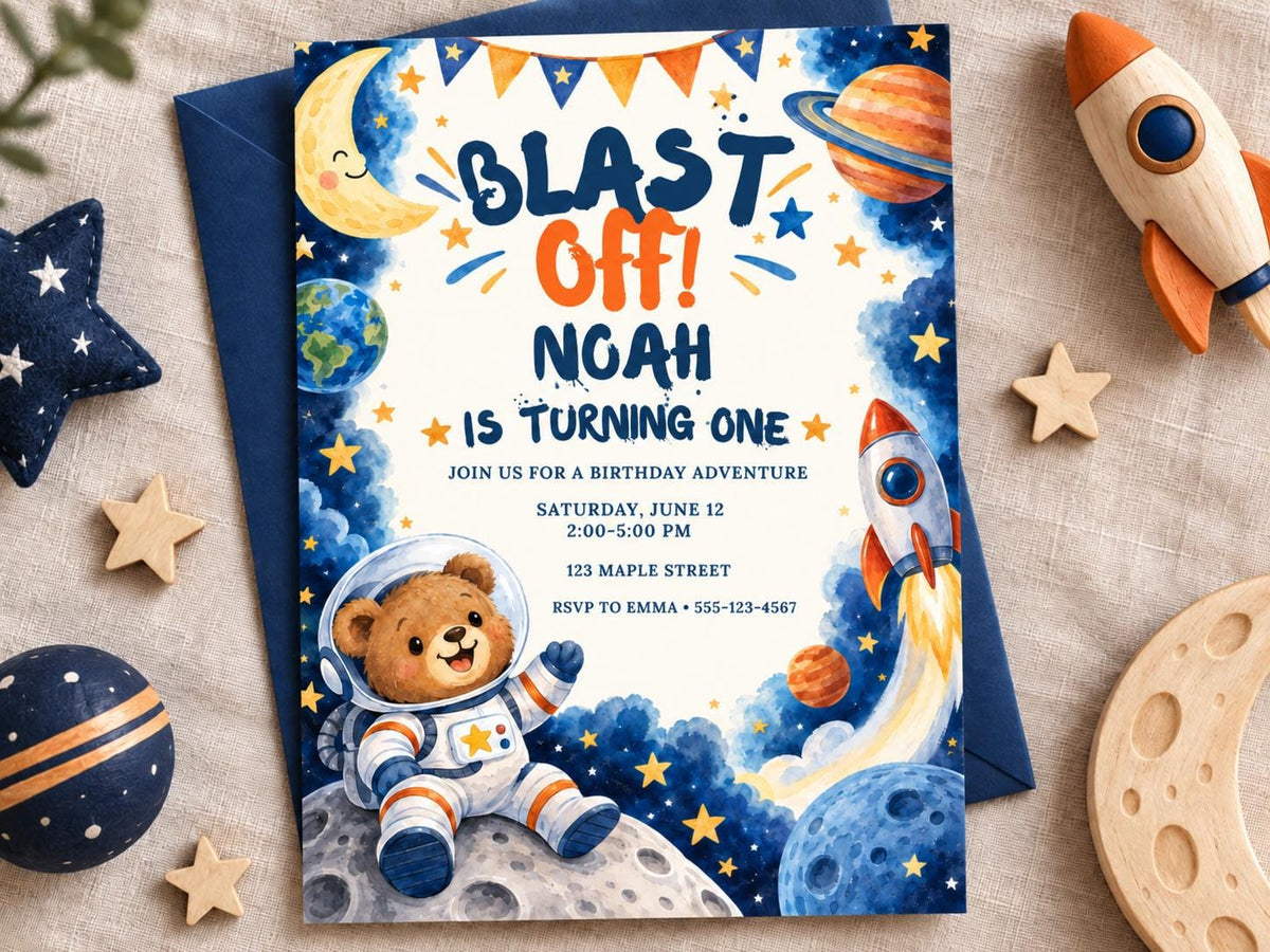 The image is a birthday invitation for a boy named Noah, featuring a space theme with a teddy bear astronaut, a rocket ship, and stars.