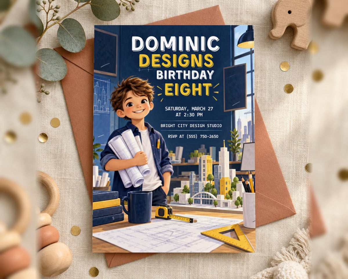 The image is a birthday invitation for a boy named Dominic, celebrating his eighth birthday. The invitation features a cartoon illustration of a young boy holding a blue mug and standing in front of a cityscape. The text on the invitation includes the event details and the location of the party.