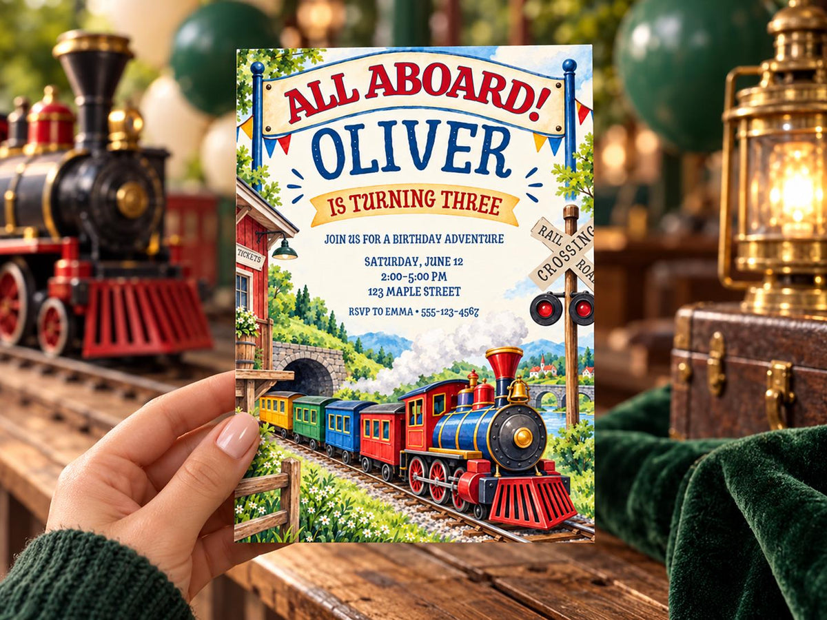 a birthday party invitation for a boy named Oliver, which includes a train theme. The invitation is held in front of a train engine and a colorful illustration of a train on the tracks.