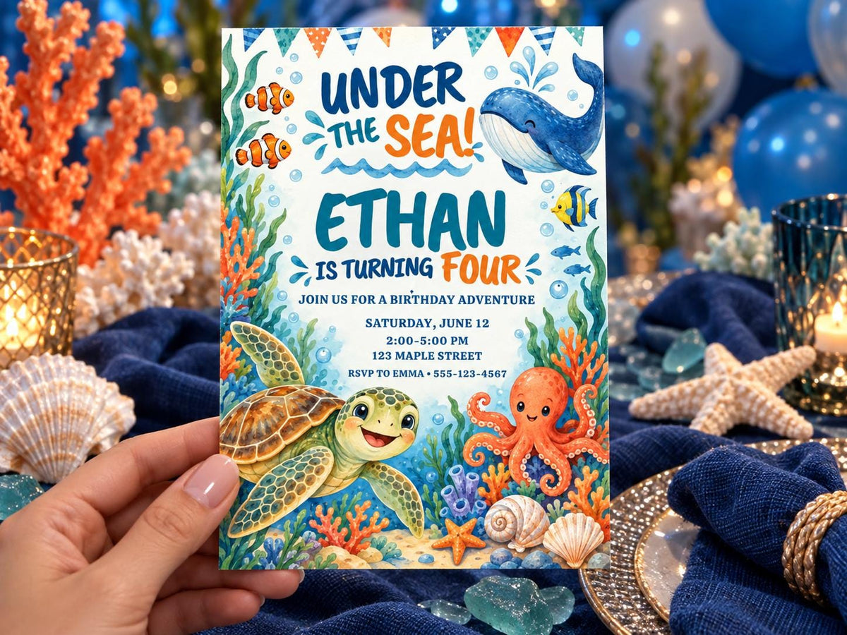 A person is holding a birthday invitation card with illustrations of sea creatures, such as a turtle, octopus, and whale, along with the text "Under the Sea! Ethan is turning four" and details about the event.