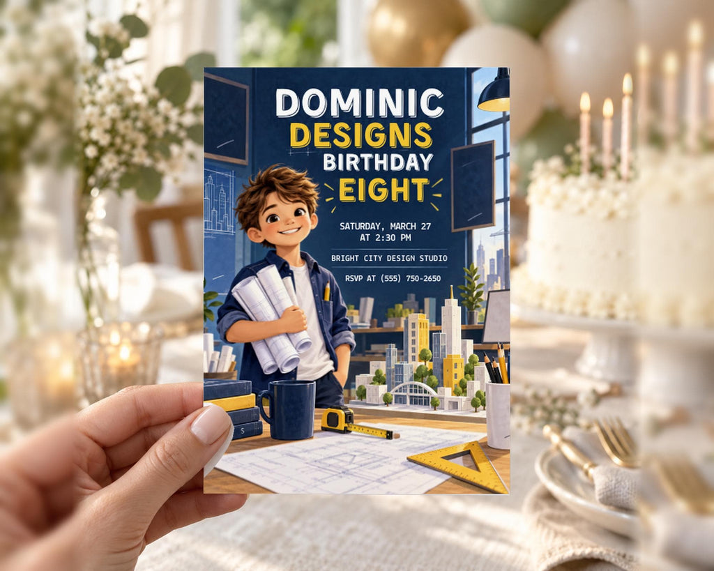 The image is a birthday invitation for a boy named Dominic, celebrating his 8th birthday. The invitation features a cartoon illustration of a young boy holding construction materials, with a cityscape in the background.