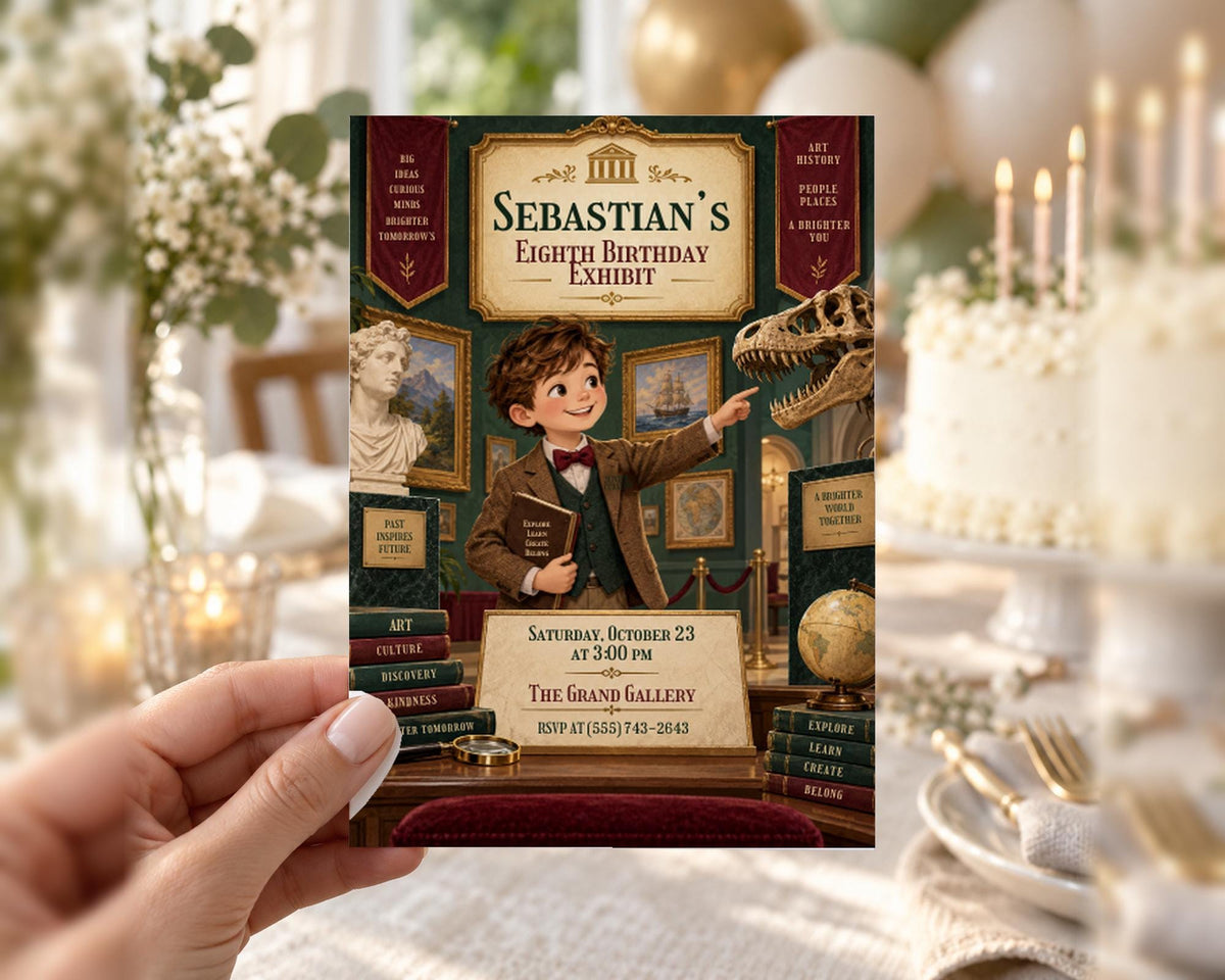 The image is a birthday invitation for a boy named Sebastian's eighth birthday exhibition.