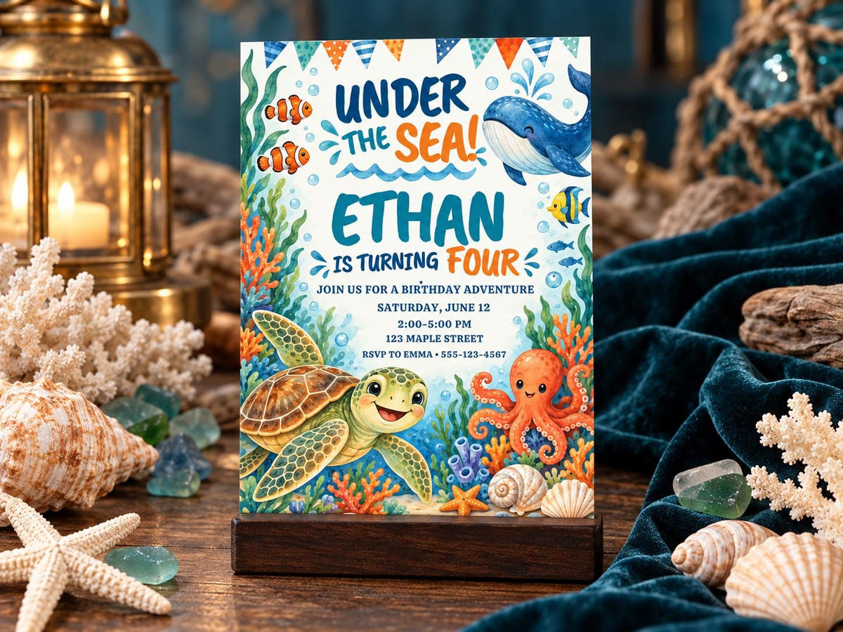 The image is a birthday invitation for a child named Ethan, featuring illustrations of sea creatures such as a turtle, whale, and octopus, along with the text "Under the Sea! Ethan is turning four" and "Join us for a birthday adventure Saturday, June 12, 123 Maple Street, BSW to Emmaa - 555-1235".