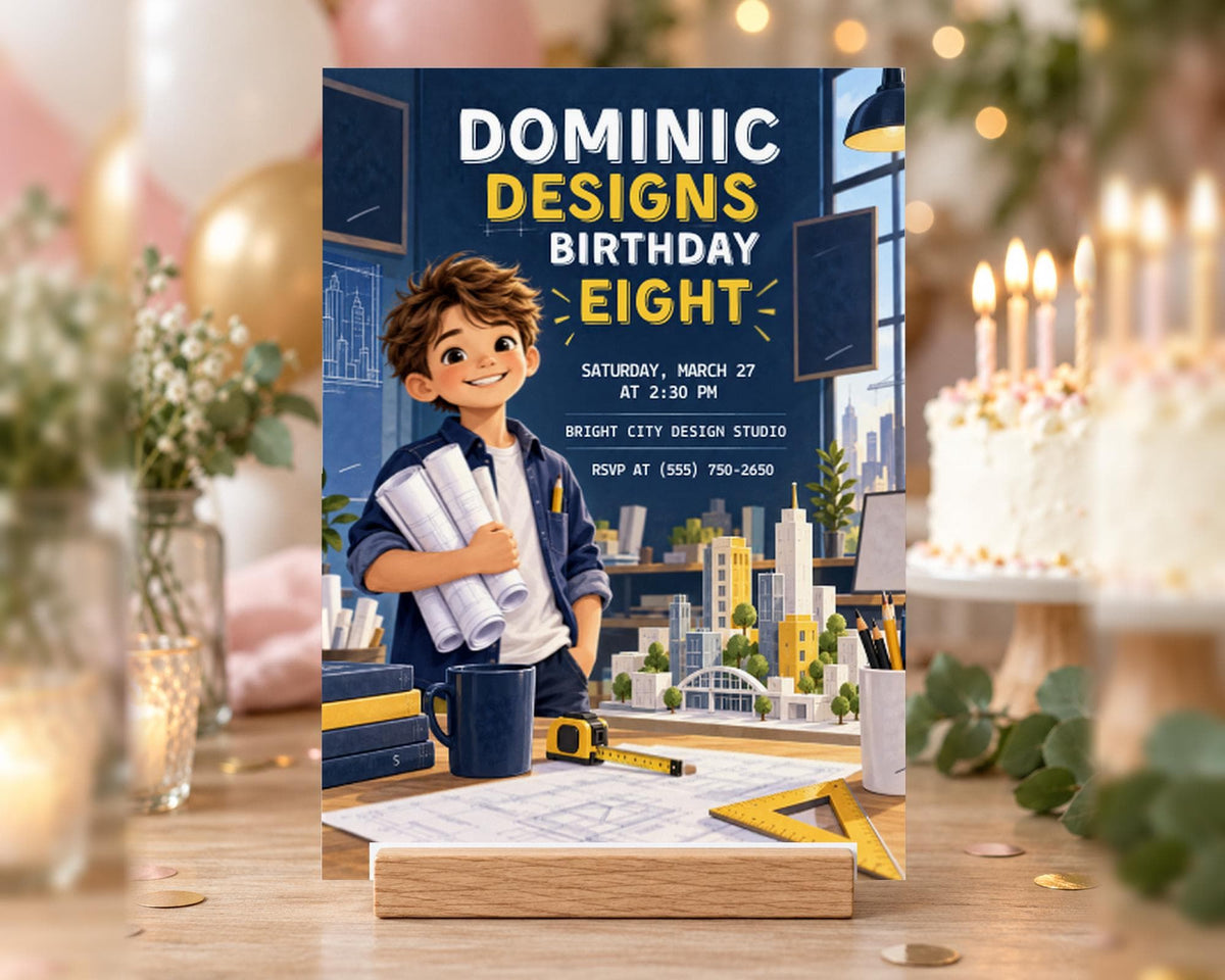 The image is a birthday invitation for a boy named Dominic, celebrating his eighth birthday. The invitation features a cartoon illustration of a young boy holding a blue mug and standing in front of a cityscape. The event is scheduled for Saturday, March 27th at 2:30 PM at the Bright City Design Studio.