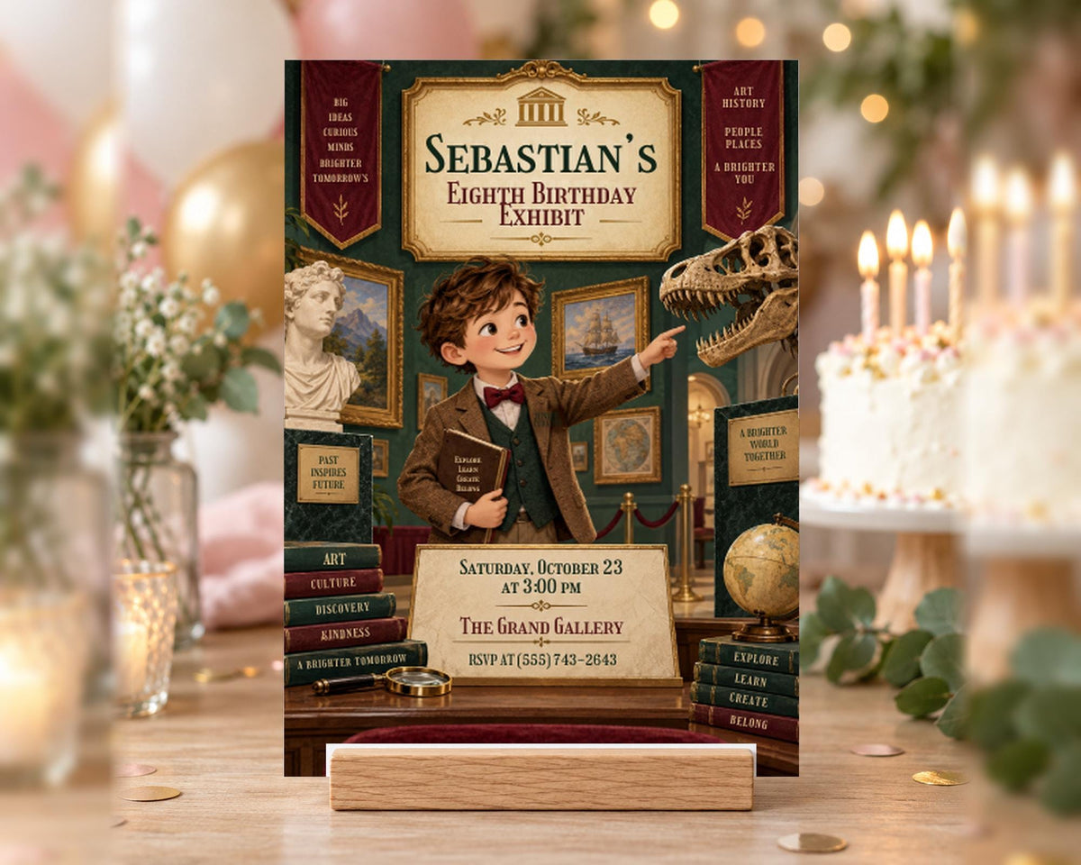 The image is a birthday invitation for a boy named Sebastian, featuring a dinosaur skeleton, books, and a cake.