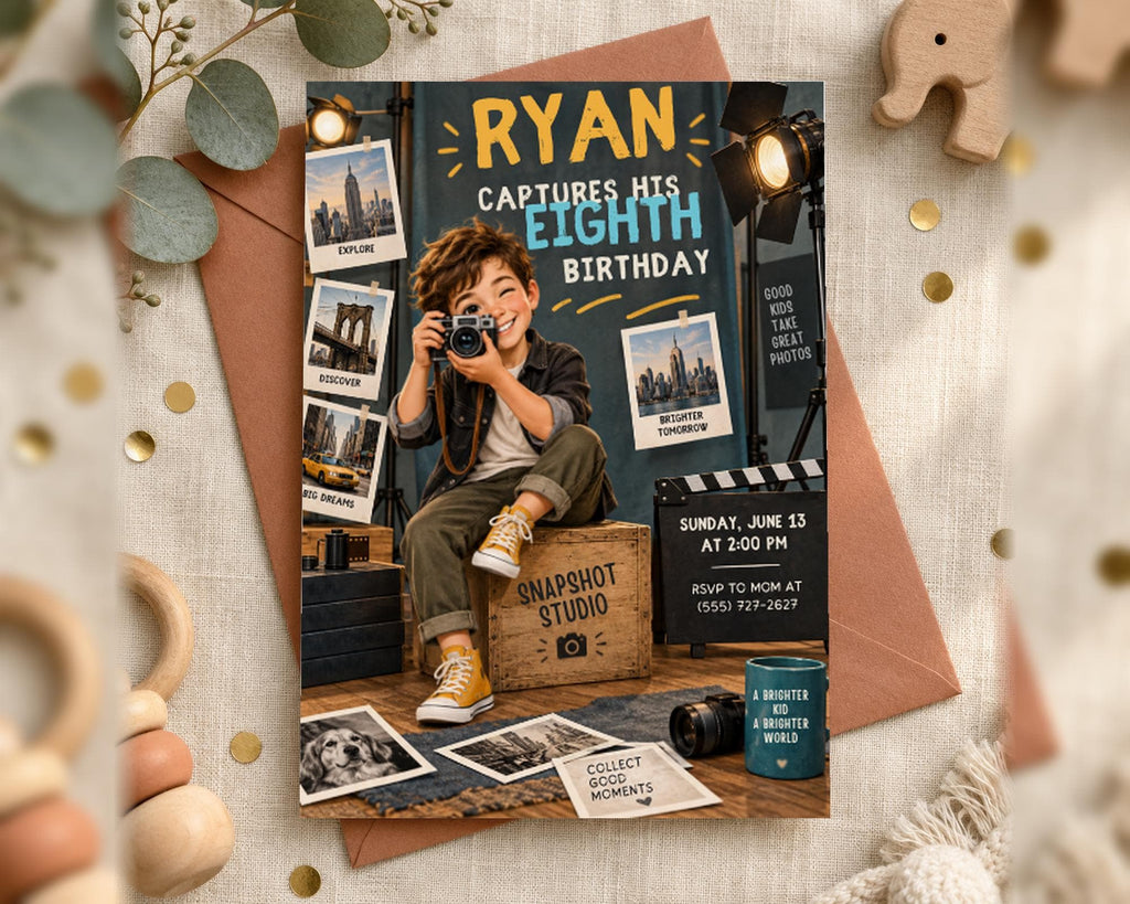 The image is a birthday invitation for a boy named Ryan, who is eight years old. The invitation features a young boy sitting on a box, holding a camera, and surrounded by various photography-related items such as a camera, a film strip, and a photo album.