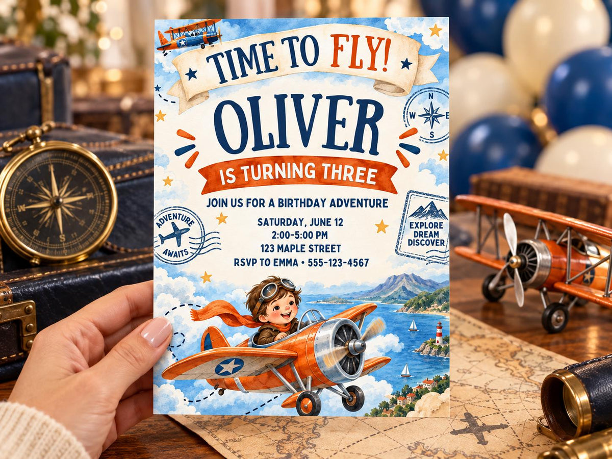 The image is a birthday invitation for a boy named Oliver, who is turning three years old. The invitation features an illustration of a boy riding a plane and includes the text "Time to fly! Oliver is turning three" along with details about the birthday party.