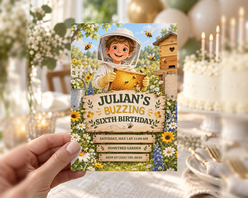 The image is a birthday invitation for a child named Julian, featuring a cartoon bee character and a honeybee-themed design.