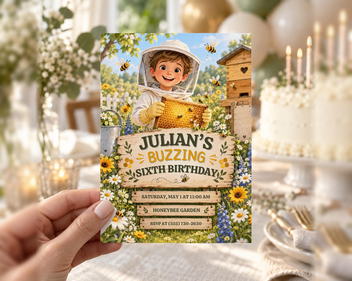The image is a birthday invitation for a child named Julian, featuring a cartoon bee character and a honeybee-themed design.