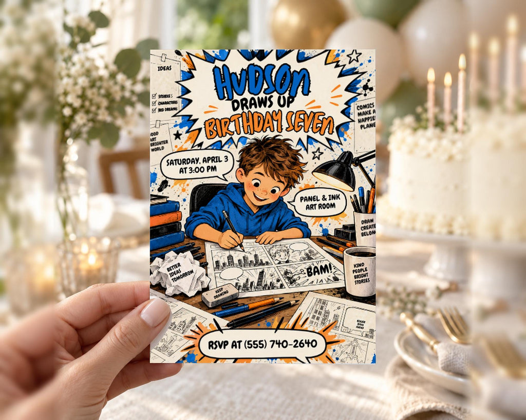 The image is a colorful invitation card for a birthday party, featuring a young boy drawing and surrounded by various party elements such as balloons, a cake, and other decorations.