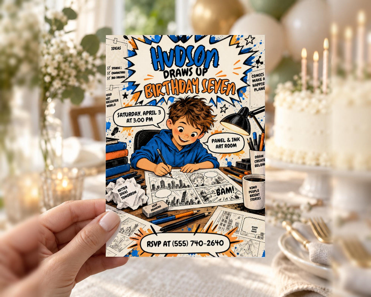 The image is a colorful invitation card for a birthday party, featuring a young boy drawing and surrounded by various party elements such as balloons, a cake, and other decorations.