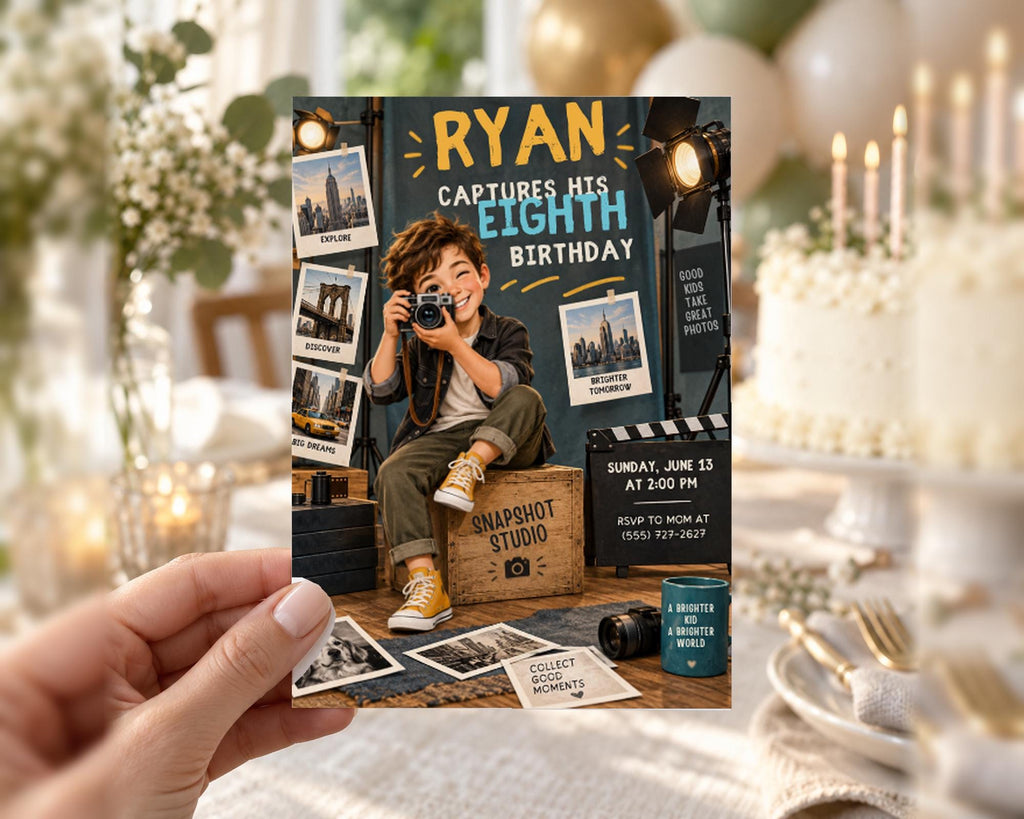 The image is a birthday invitation for a boy named Ryan, who is eight years old. The invitation features a boy holding a camera and surrounded by various photography-related elements, such as a camera, a film strip, and a cake.