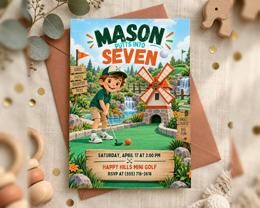 Whimsical Mini Golf Invitation for Boy, Printed or Digital, 5x7
