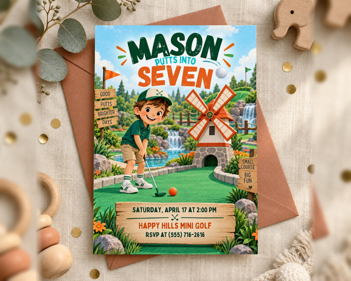 Whimsical Mini Golf Invitation for Boy, Printed or Digital, 5x7