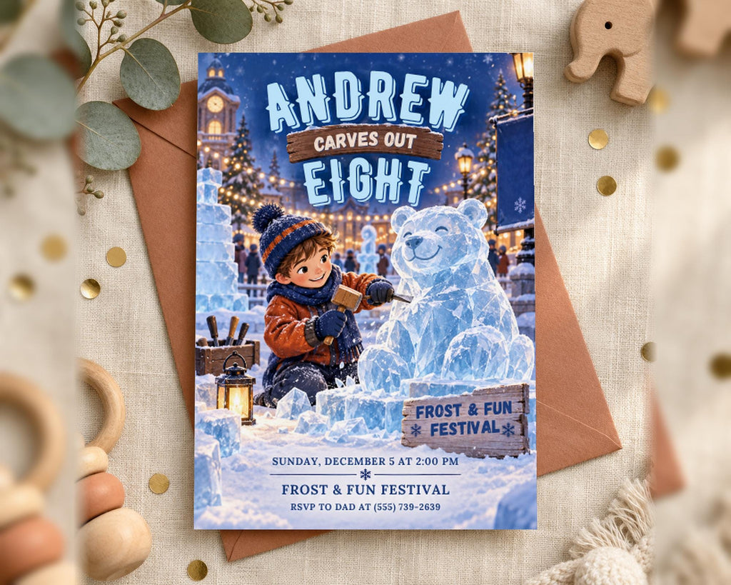 The image is a birthday invitation for a boy named Andrew, featuring a snowy scene with a boy carving a snowman and a large ice sculpture.