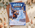 The image is a birthday invitation for a boy named Andrew, featuring a snowy scene with a boy carving a snowman and a large ice sculpture.